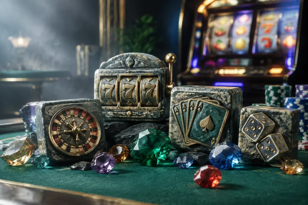 Balok batu dan permata di dekat mesin slot kasino