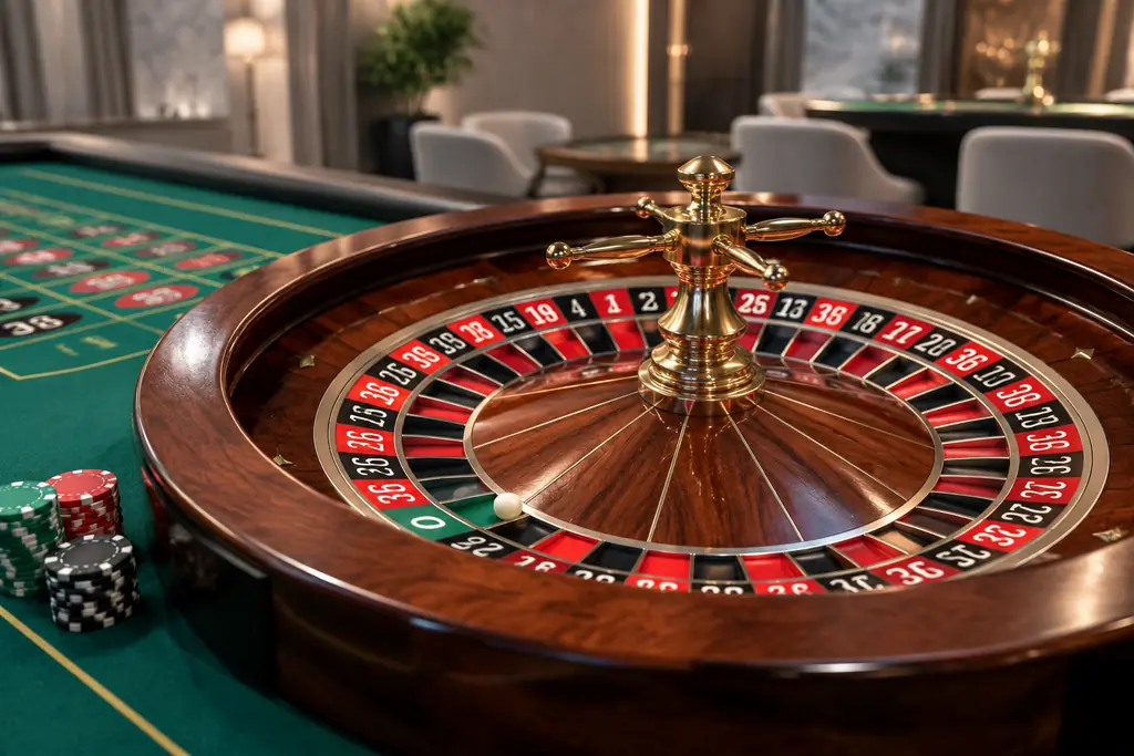 Roda roulette Eropa dengan satu nol di meja kasino