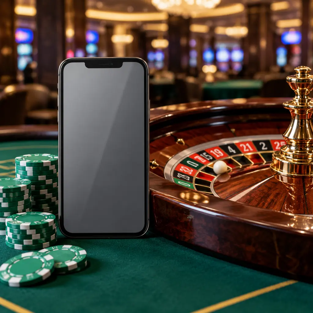 Ponsel di samping roda roulette dan chip